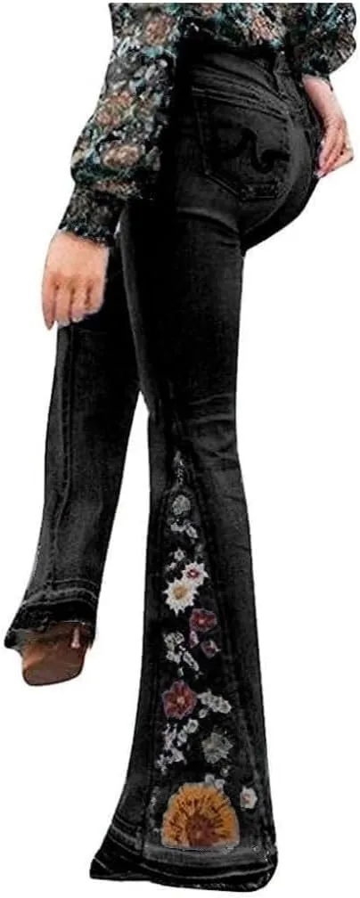 Embroidered Bell Bottom Jeans Women Vintage Plus Size Jeans Stretch Butt Lifting Flare Jean Wide Leg Denim Pants