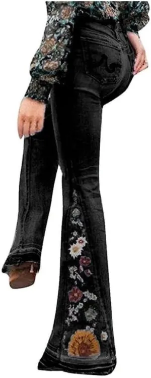 Embroidered Bell Bottom Jeans Women Vintage Plus Size Jeans Stretch Butt Lifting Flare Jean Wide Leg Denim Pants