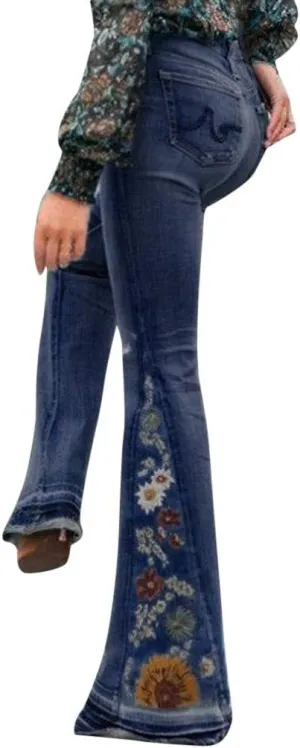 Embroidered Bell Bottom Jeans Women Vintage Plus Size Jeans Stretch Butt Lifting Flare Jean Wide Leg Denim Pants