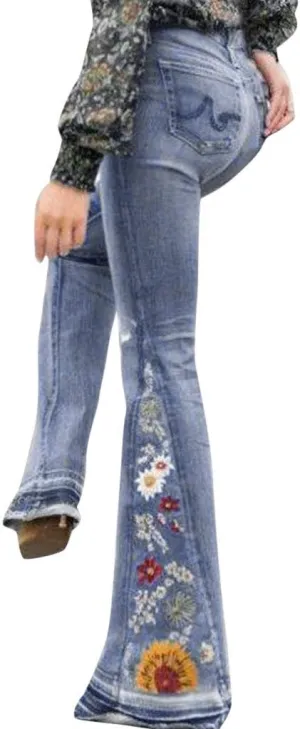 Embroidered Bell Bottom Jeans Women Vintage Plus Size Jeans Stretch Butt Lifting Flare Jean Wide Leg Denim Pants