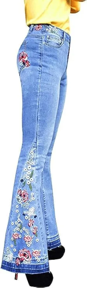Embroidered Bell Bottom Jeans Women Vintage Plus Size Jeans Stretch Butt Lifting Flare Jean Wide Leg Denim Pants