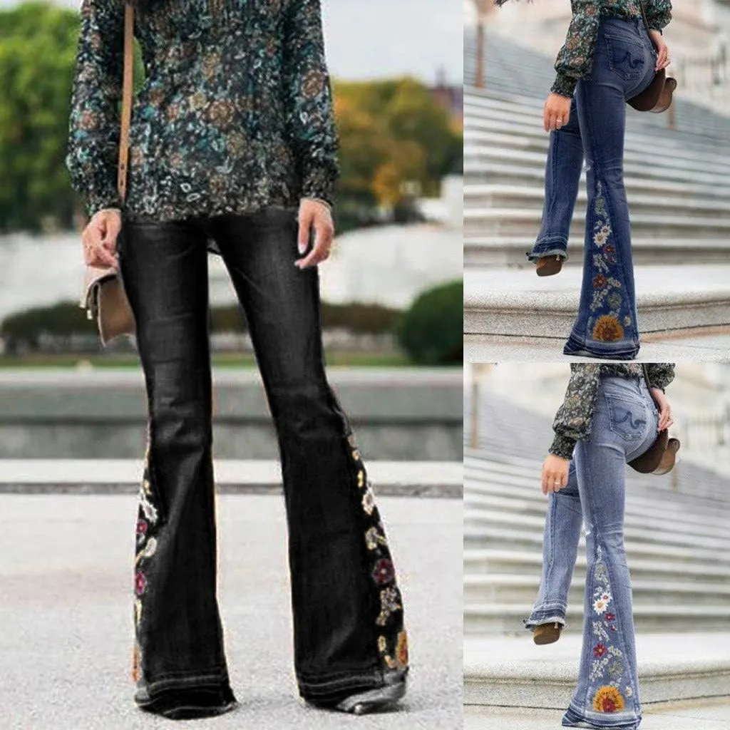 Embroidered Bell Bottom Jeans Women Vintage Plus Size Jeans Stretch Butt Lifting Flare Jean Wide Leg Denim Pants