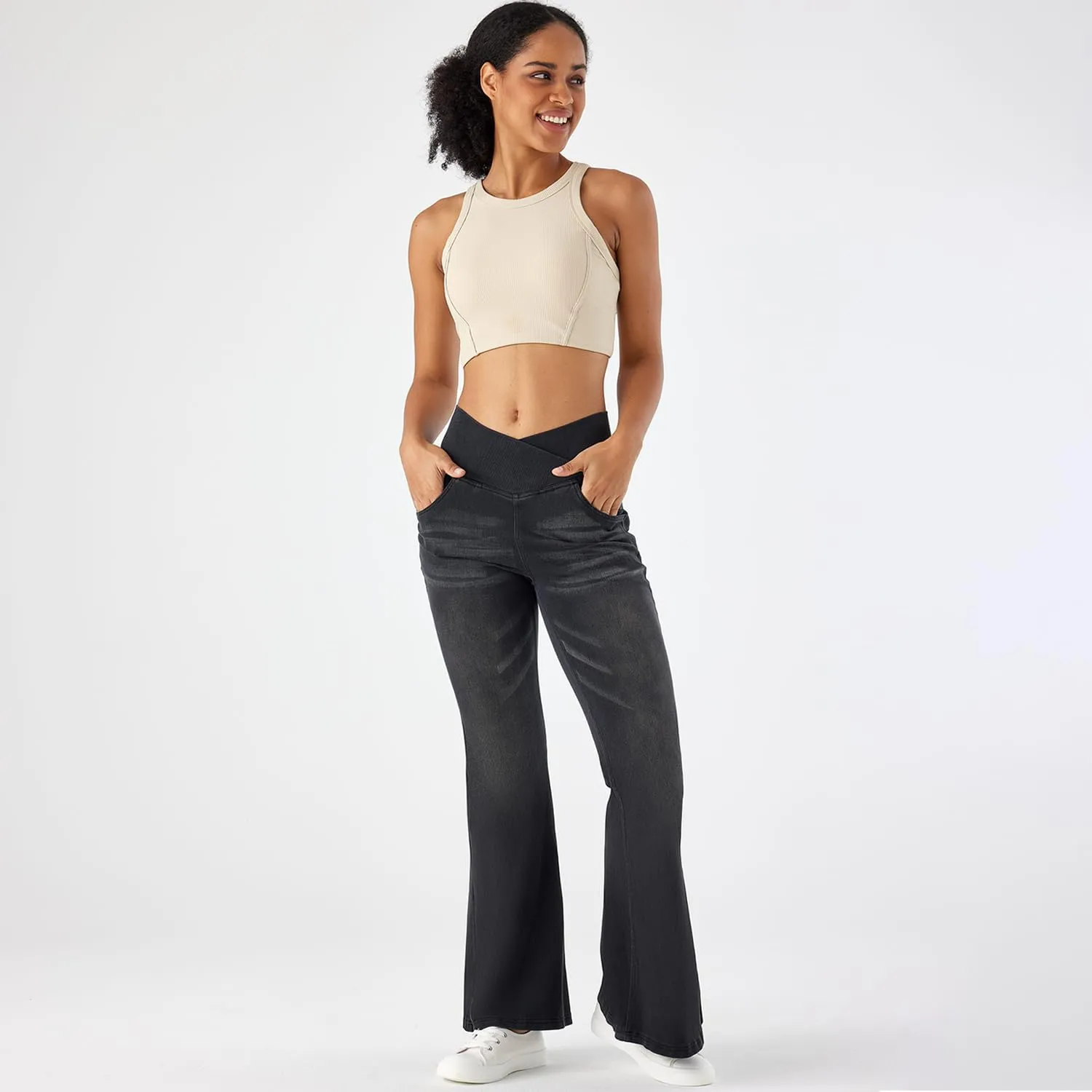 Flare Jeans for Women Crossover High Waist Bell Bottom Jeans Stretch Wide Leg Jeans