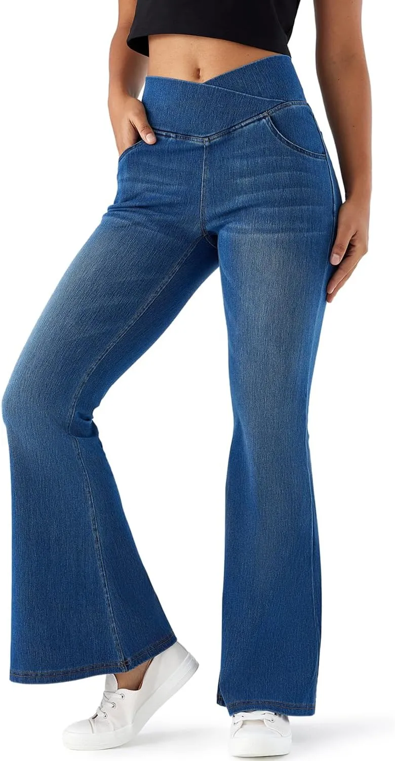 Flare Jeans for Women Crossover High Waist Bell Bottom Jeans Stretch Wide Leg Jeans