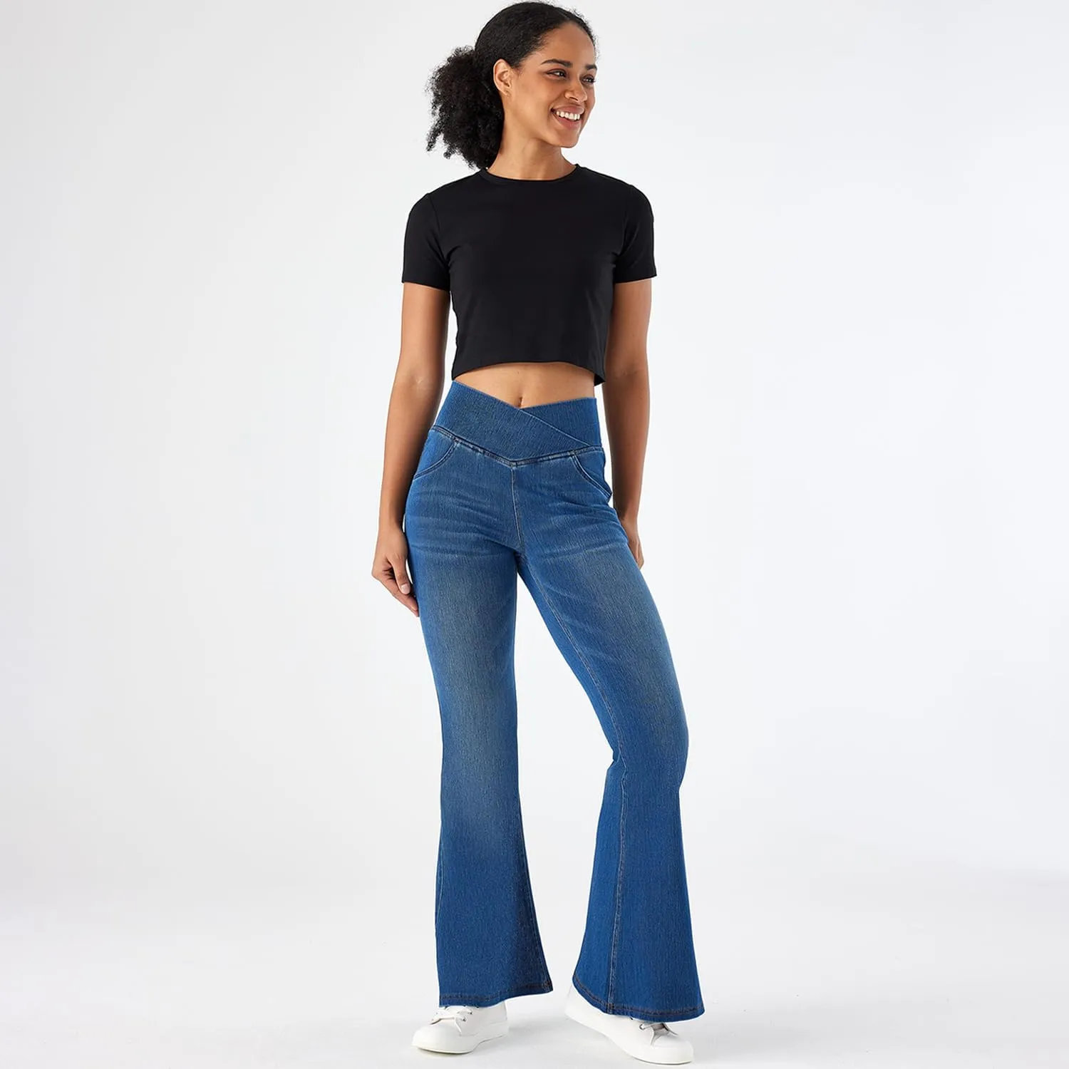 Flare Jeans for Women Crossover High Waist Bell Bottom Jeans Stretch Wide Leg Jeans