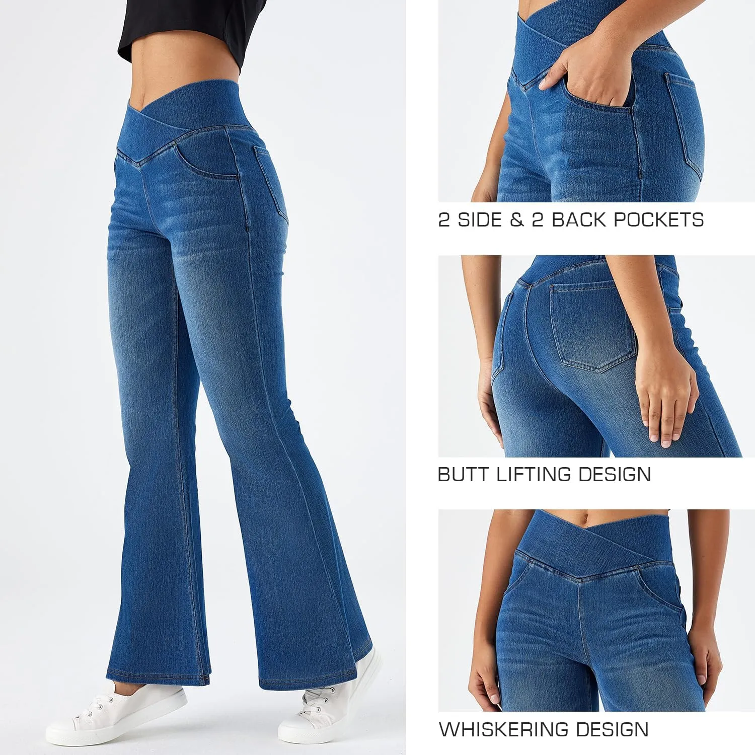 Flare Jeans for Women Crossover High Waist Bell Bottom Jeans Stretch Wide Leg Jeans
