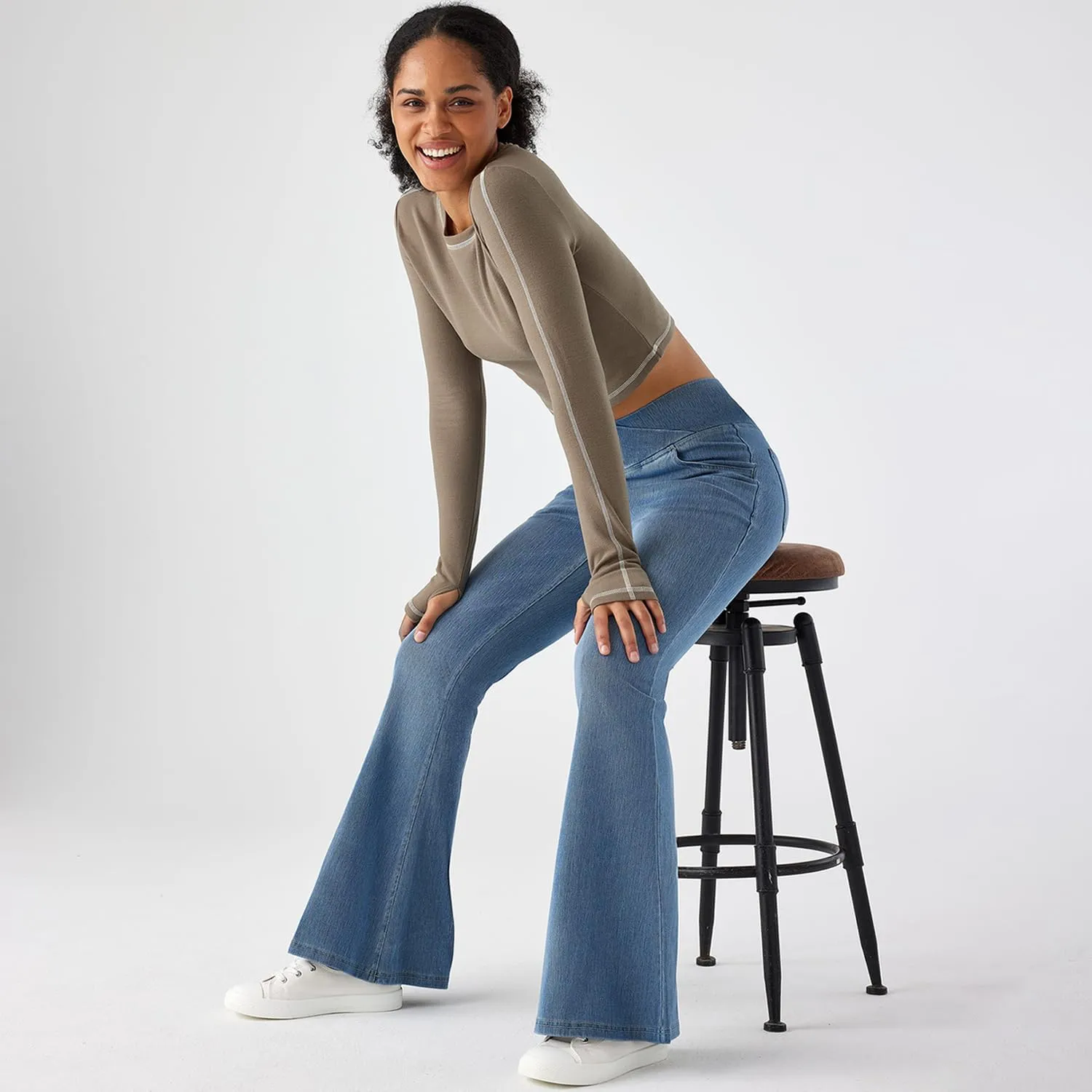 Flare Jeans for Women Crossover High Waist Bell Bottom Jeans Stretch Wide Leg Jeans