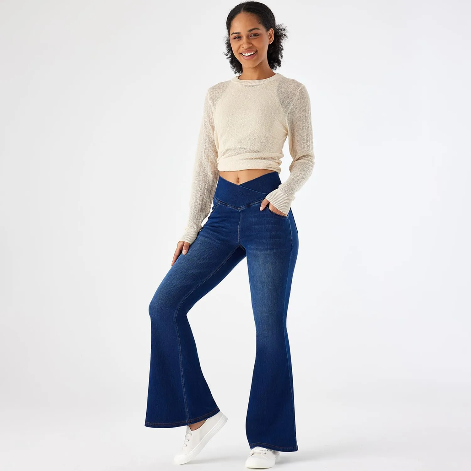 Flare Jeans for Women Crossover High Waist Bell Bottom Jeans Stretch Wide Leg Jeans