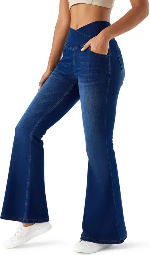 Flare Jeans for Women Crossover High Waist Bell Bottom Jeans Stretch Wide Leg Jeans