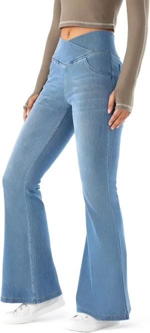 Flare Jeans for Women Crossover High Waist Bell Bottom Jeans Stretch Wide Leg Jeans