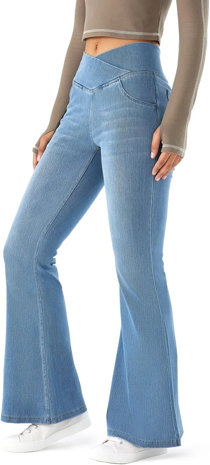 Flare Jeans for Women Crossover High Waist Bell Bottom Jeans Stretch Wide Leg Jeans