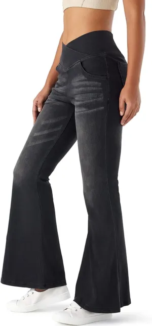 Flare Jeans for Women Crossover High Waist Bell Bottom Jeans Stretch Wide Leg Jeans