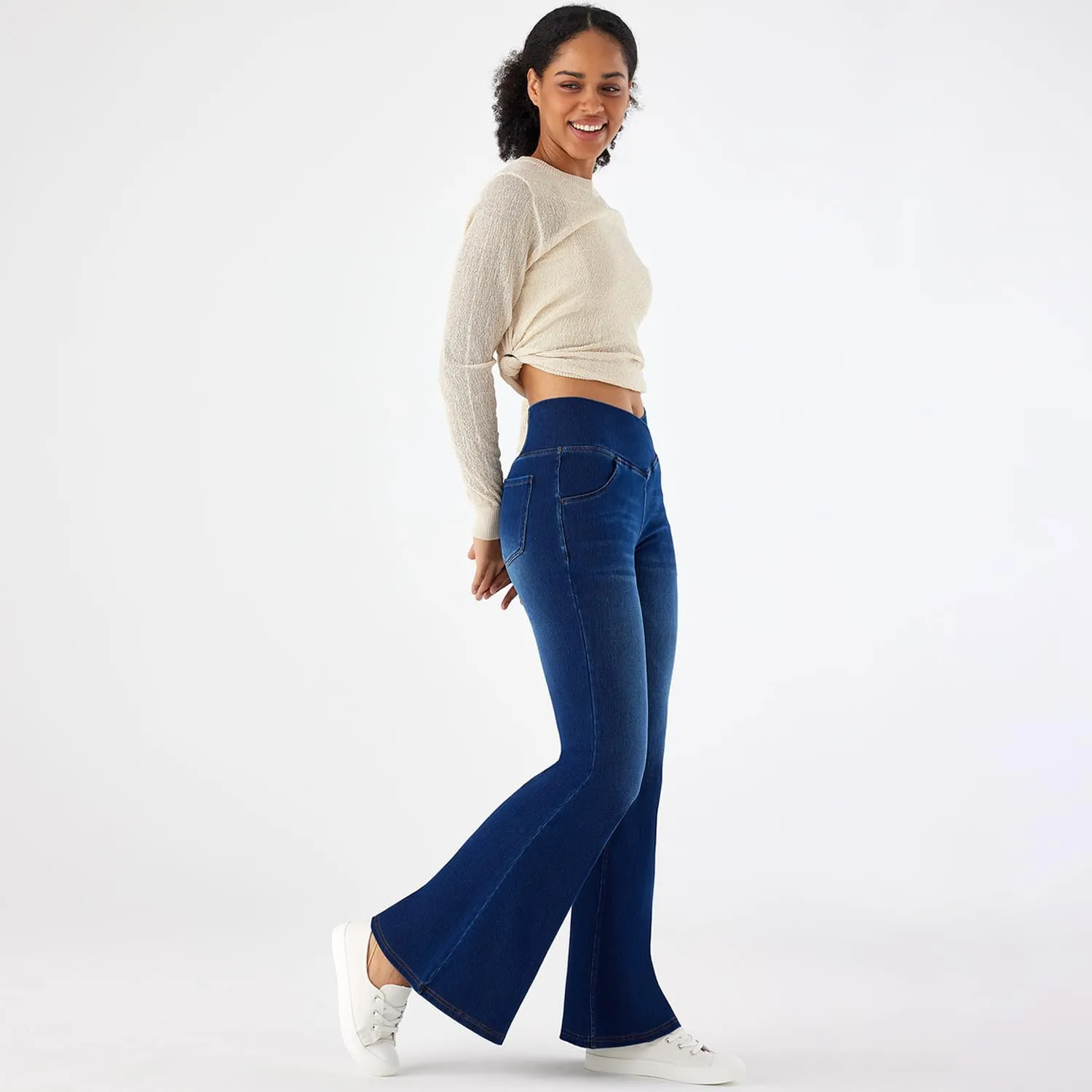 Flare Jeans for Women Crossover High Waist Bell Bottom Jeans Stretch Wide Leg Jeans