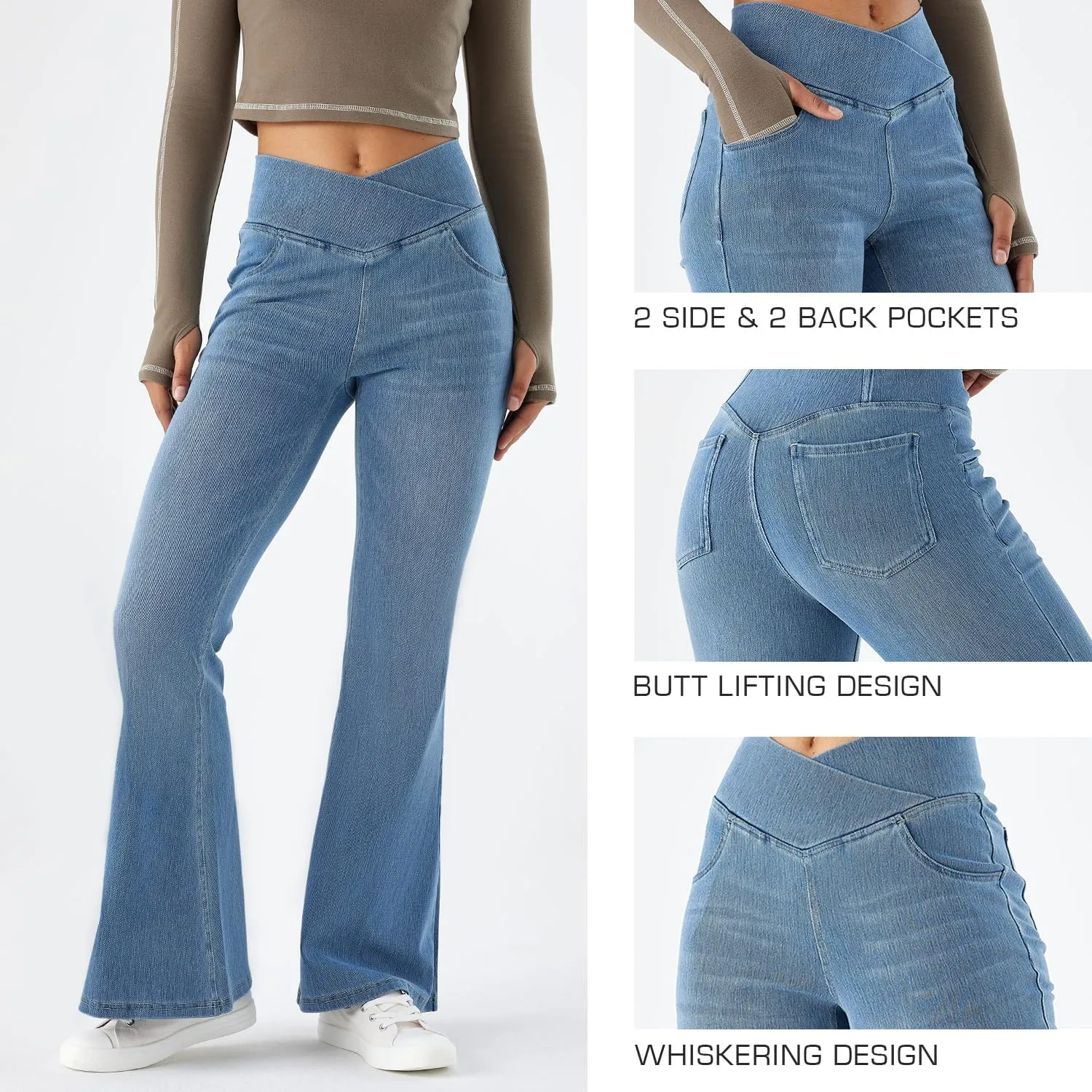 Flare Jeans for Women Crossover High Waist Bell Bottom Jeans Stretch Wide Leg Jeans
