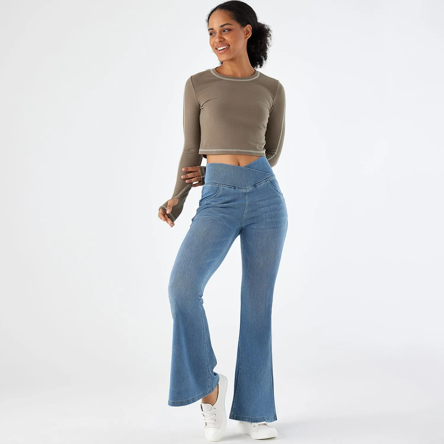Flare Jeans for Women Crossover High Waist Bell Bottom Jeans Stretch Wide Leg Jeans