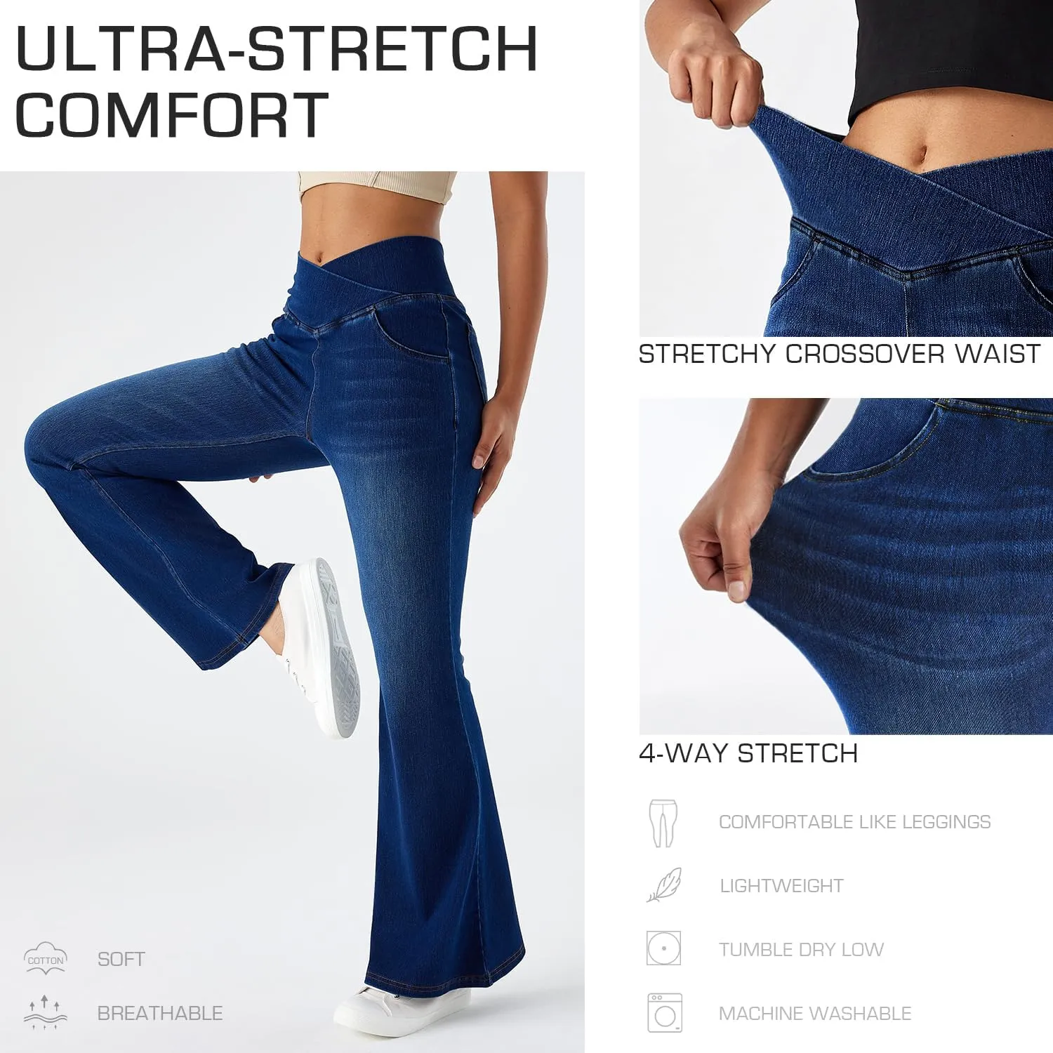 Flare Jeans for Women Crossover High Waist Bell Bottom Jeans Stretch Wide Leg Jeans