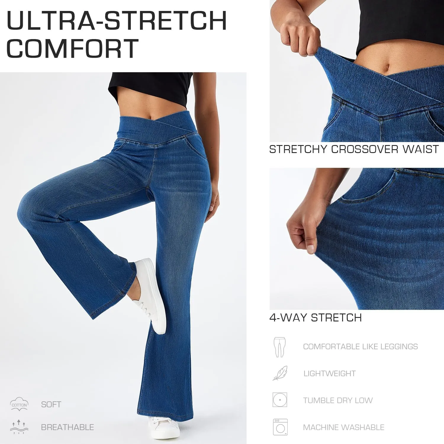 Flare Jeans for Women Crossover High Waist Bell Bottom Jeans Stretch Wide Leg Jeans