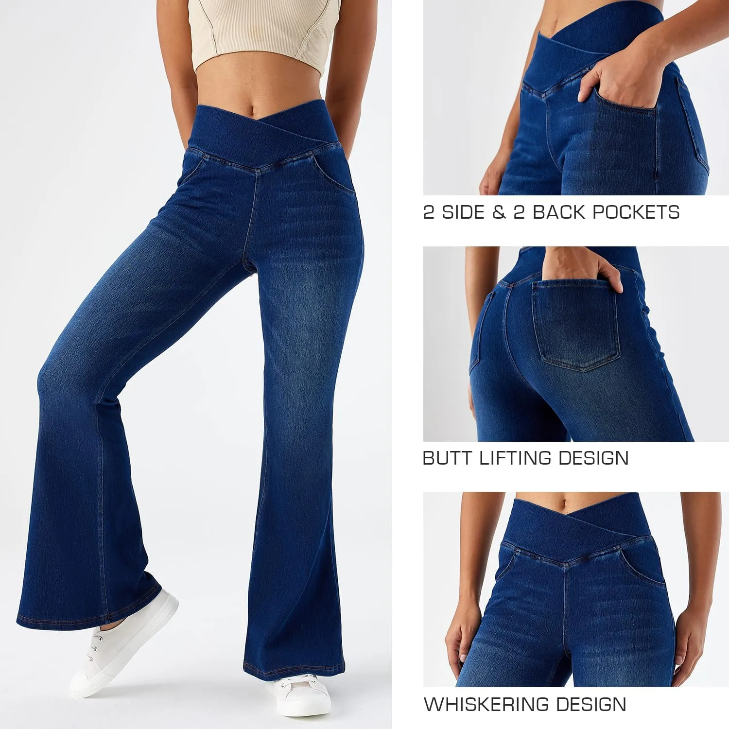 Flare Jeans for Women Crossover High Waist Bell Bottom Jeans Stretch Wide Leg Jeans
