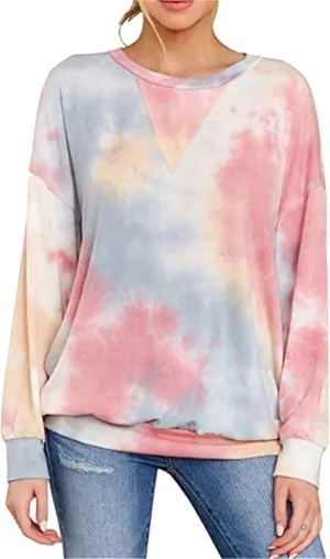 FLITAY Womens Oversized Crewneck Sweatshirts Casual Comfy Fall Tops Fashion Tie Dye Fit Sweatshirts