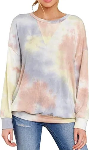FLITAY Womens Oversized Crewneck Sweatshirts Casual Comfy Fall Tops Fashion Tie Dye Fit Sweatshirts