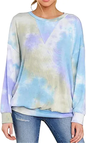 FLITAY Womens Oversized Crewneck Sweatshirts Casual Comfy Fall Tops Fashion Tie Dye Fit Sweatshirts