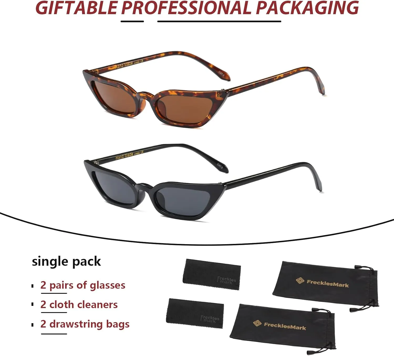 Freckles Mark 90s Vintage Retro Narrow Cat Eye Sunglasses for Women Small Fashion Sun Glasses