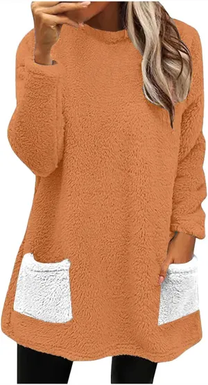 Fuzzy Fleece Pullover Women Sherpa Lined Crewneck Sweatshirts 2024 Trendy Winter Warm Faux Fur Loungewear with Pockets