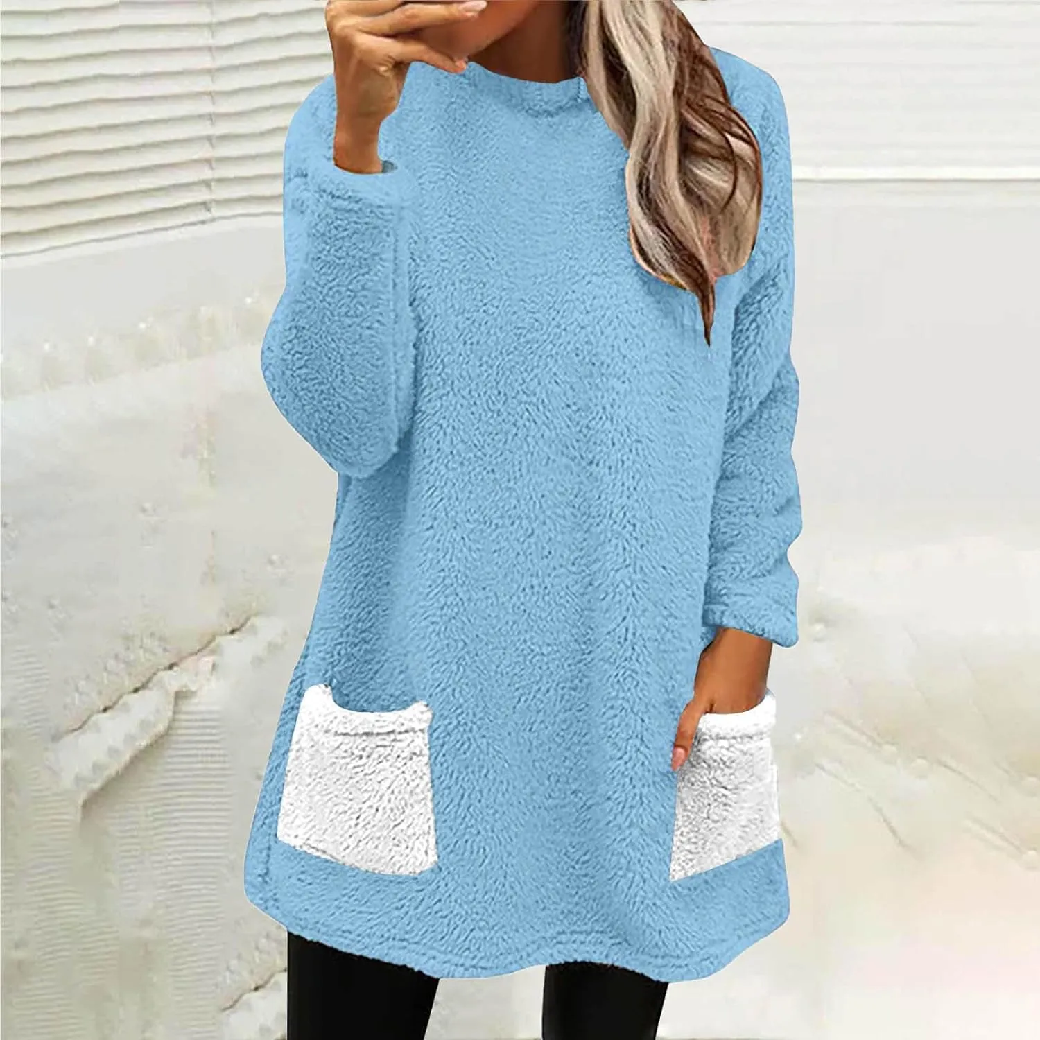 Fuzzy Fleece Pullover Women Sherpa Lined Crewneck Sweatshirts 2024 Trendy Winter Warm Faux Fur Loungewear with Pockets