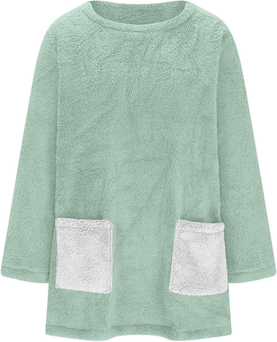 Fuzzy Fleece Pullover Women Sherpa Lined Crewneck Sweatshirts 2024 Trendy Winter Warm Faux Fur Loungewear with Pockets