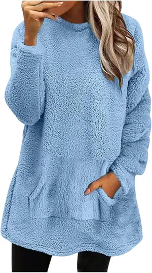 Fuzzy Fleece Pullover Women Sherpa Lined Crewneck Sweatshirts 2024 Trendy Winter Warm Faux Fur Loungewear with Pockets