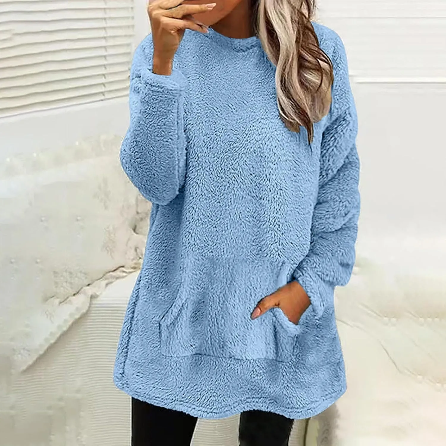 Fuzzy Fleece Pullover Women Sherpa Lined Crewneck Sweatshirts 2024 Trendy Winter Warm Faux Fur Loungewear with Pockets