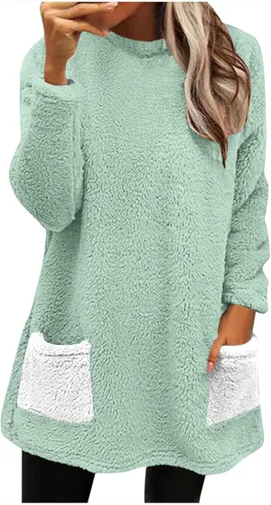 Fuzzy Fleece Pullover Women Sherpa Lined Crewneck Sweatshirts 2024 Trendy Winter Warm Faux Fur Loungewear with Pockets