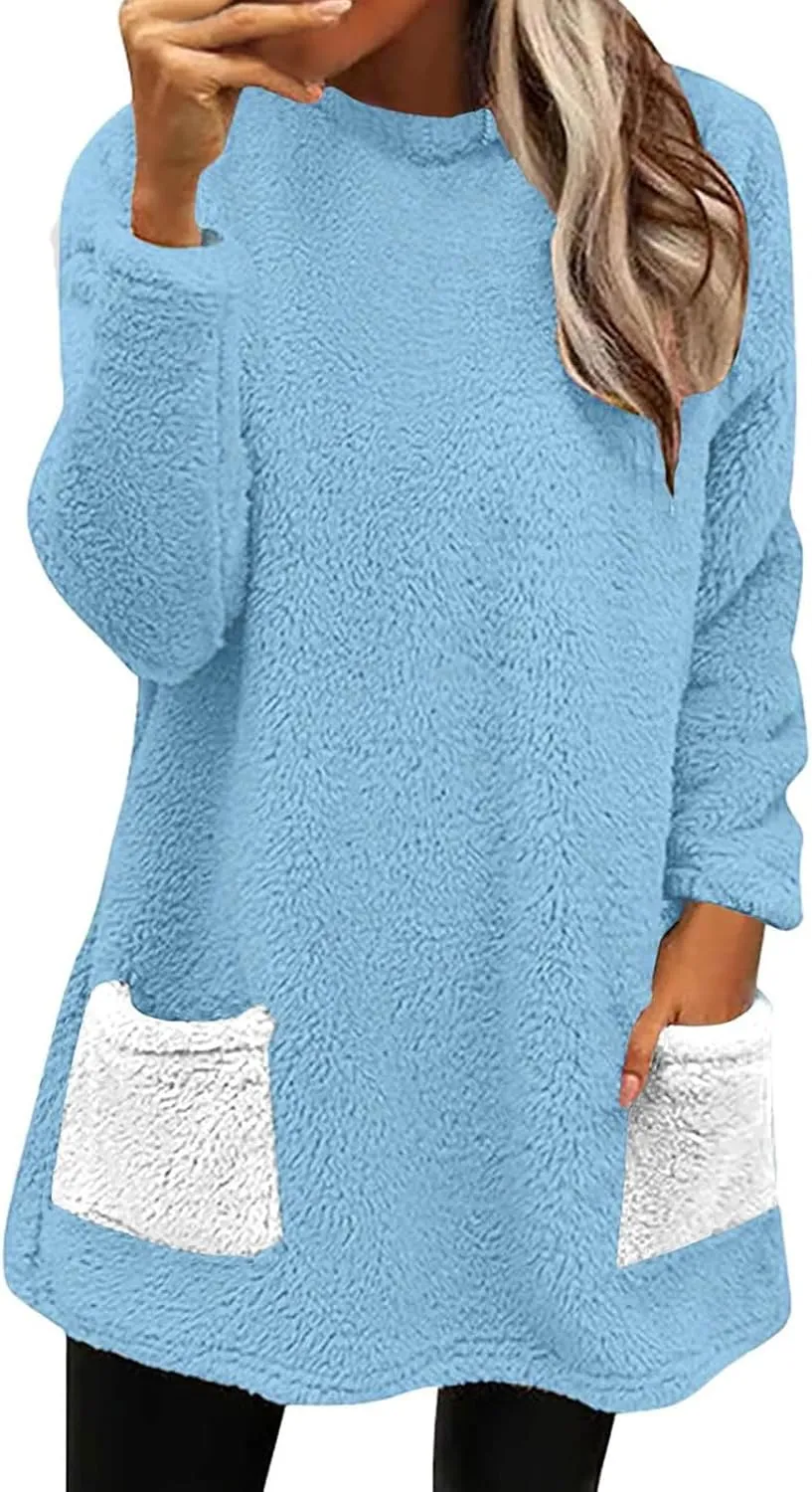 Fuzzy Fleece Pullover Women Sherpa Lined Crewneck Sweatshirts 2024 Trendy Winter Warm Faux Fur Loungewear with Pockets
