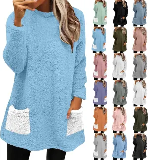 Fuzzy Fleece Pullover Women Sherpa Lined Crewneck Sweatshirts 2024 Trendy Winter Warm Faux Fur Loungewear with Pockets