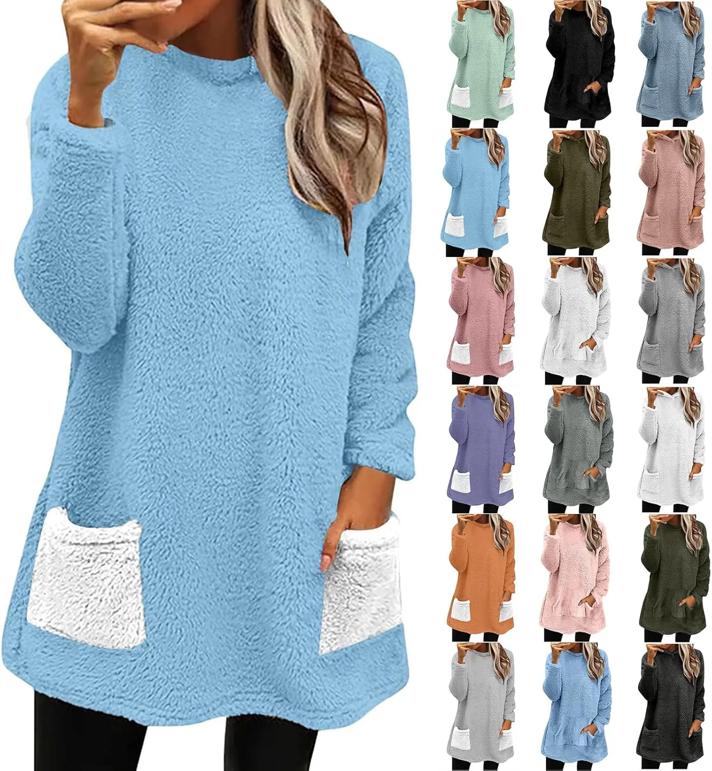 Fuzzy Fleece Pullover Women Sherpa Lined Crewneck Sweatshirts 2024 Trendy Winter Warm Faux Fur Loungewear with Pockets