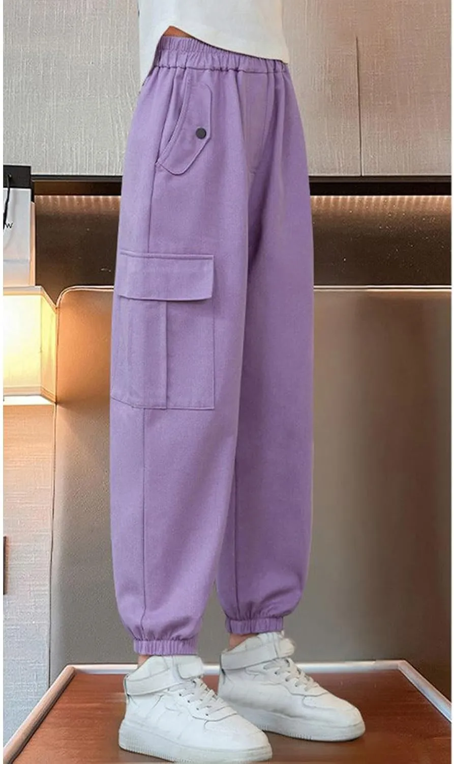 Girls Cargo Pants Baggy Y2k Kids Elastic Waist Casual Ruched Cargo Pants Multiple Pockets Jogger Y2k
