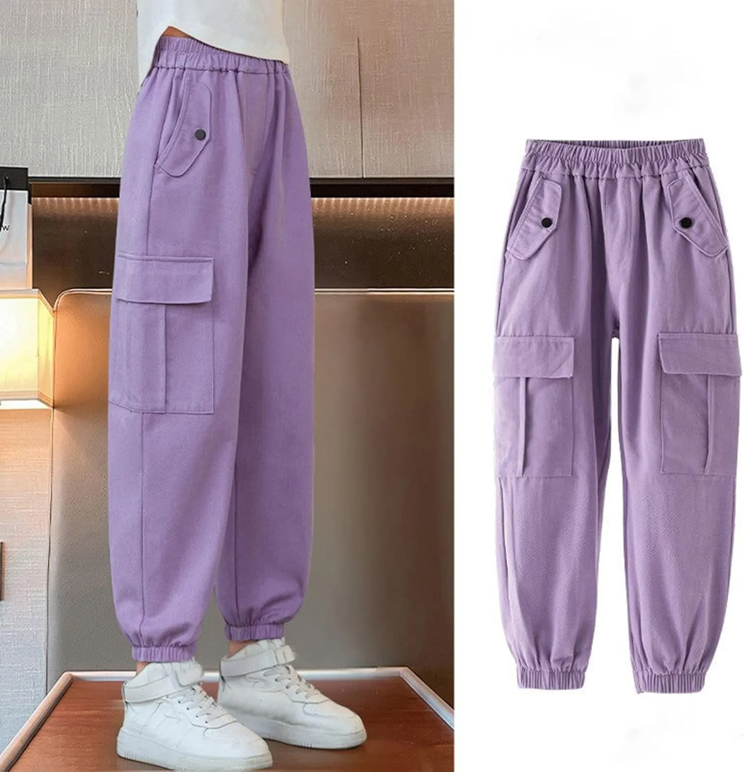 Girls Cargo Pants Baggy Y2k Kids Elastic Waist Casual Ruched Cargo Pants Multiple Pockets Jogger Y2k