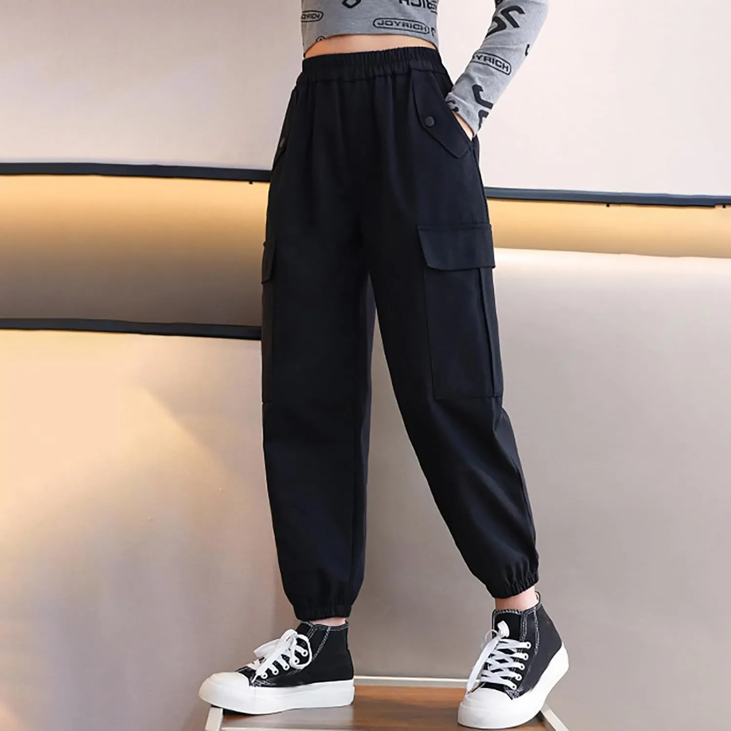 Girls Cargo Pants Baggy Y2k Kids Elastic Waist Casual Ruched Cargo Pants Multiple Pockets Jogger Y2k