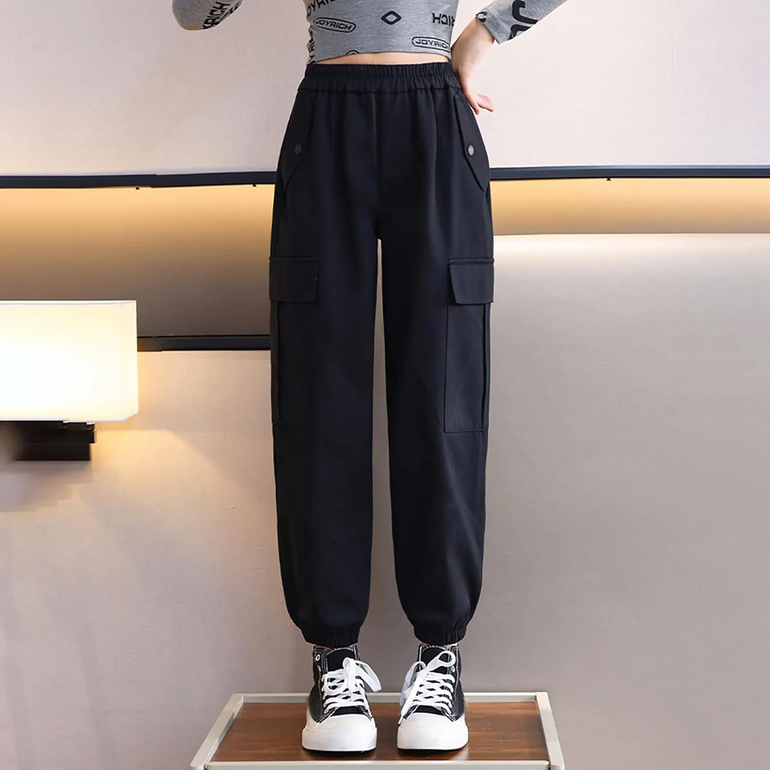 Girls Cargo Pants Baggy Y2k Kids Elastic Waist Casual Ruched Cargo Pants Multiple Pockets Jogger Y2k