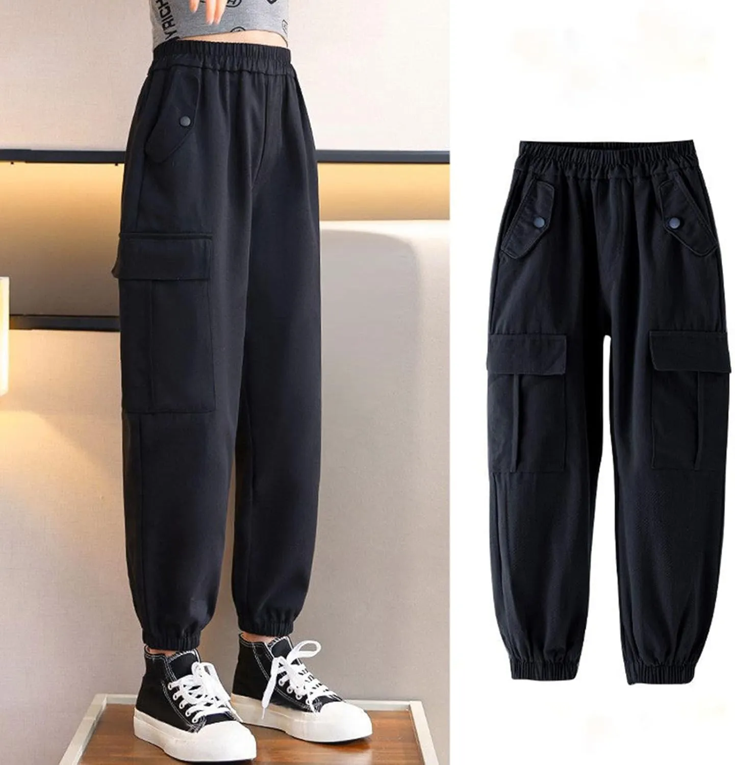 Girls Cargo Pants Baggy Y2k Kids Elastic Waist Casual Ruched Cargo Pants Multiple Pockets Jogger Y2k