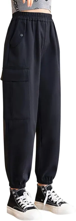 Girls Cargo Pants Baggy Y2k Kids Elastic Waist Casual Ruched Cargo Pants Multiple Pockets Jogger Y2k