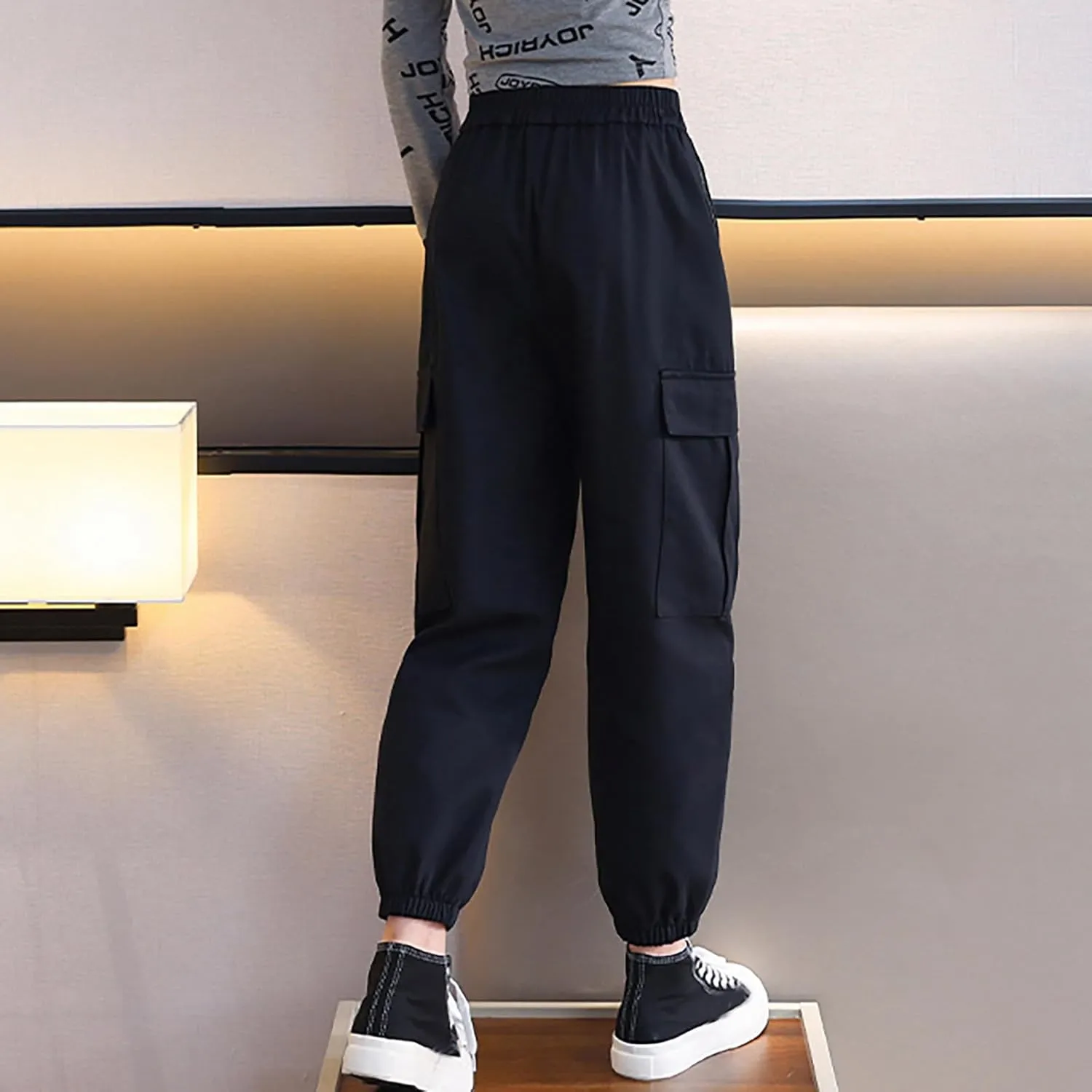 Girls Cargo Pants Baggy Y2k Kids Elastic Waist Casual Ruched Cargo Pants Multiple Pockets Jogger Y2k