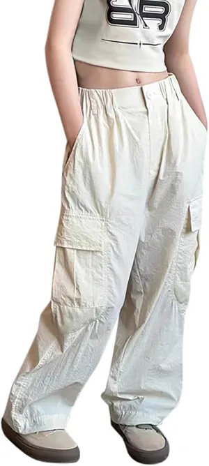 Girls Cargo Pants Joggers High Waisted Kids Wide Leg Youth Loose Straight School Trousers