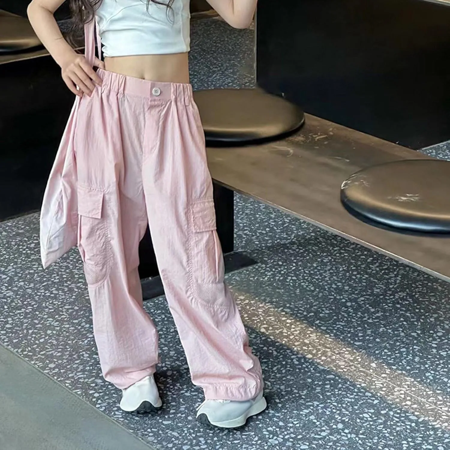 Girls Cargo Pants Joggers High Waisted Kids Wide Leg Youth Loose Straight School Trousers