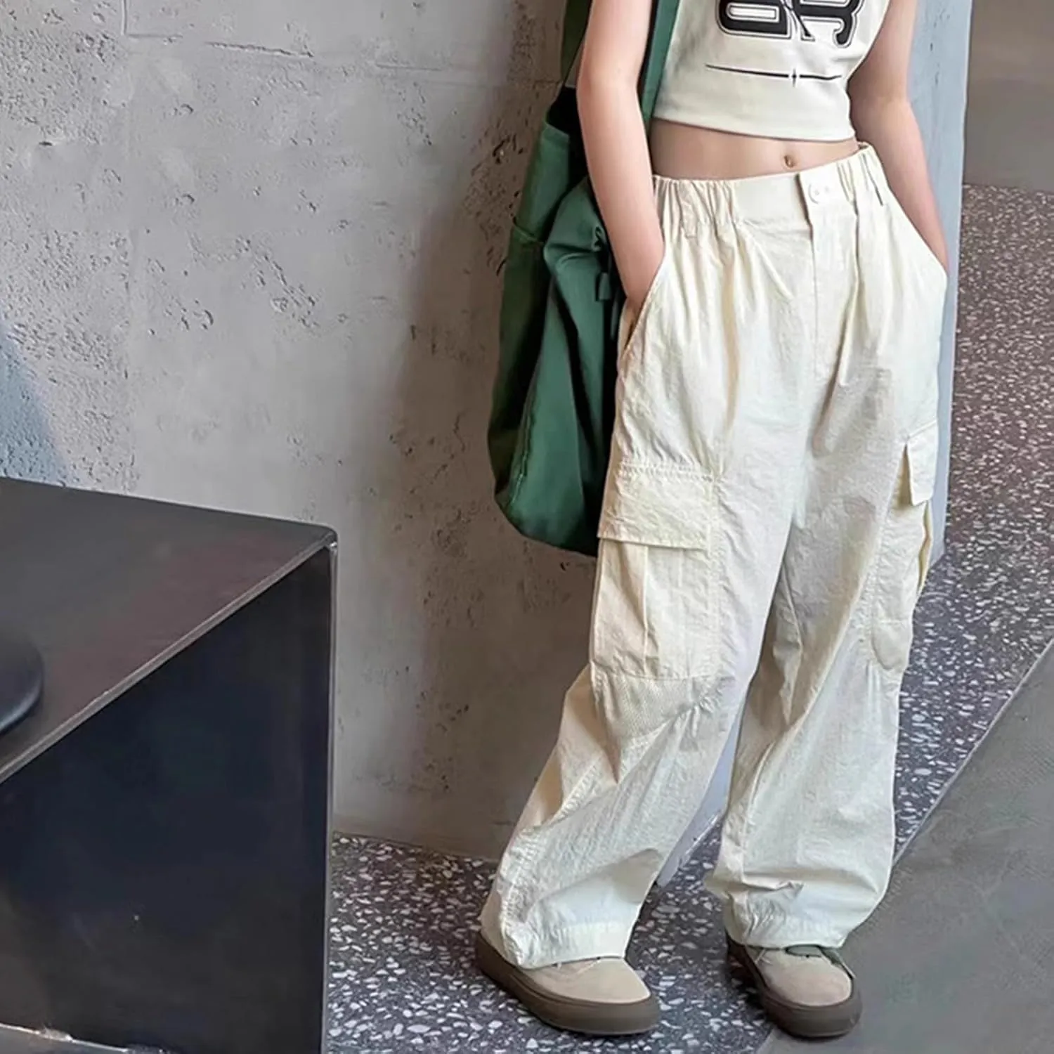 Girls Cargo Pants Joggers High Waisted Kids Wide Leg Youth Loose Straight School Trousers