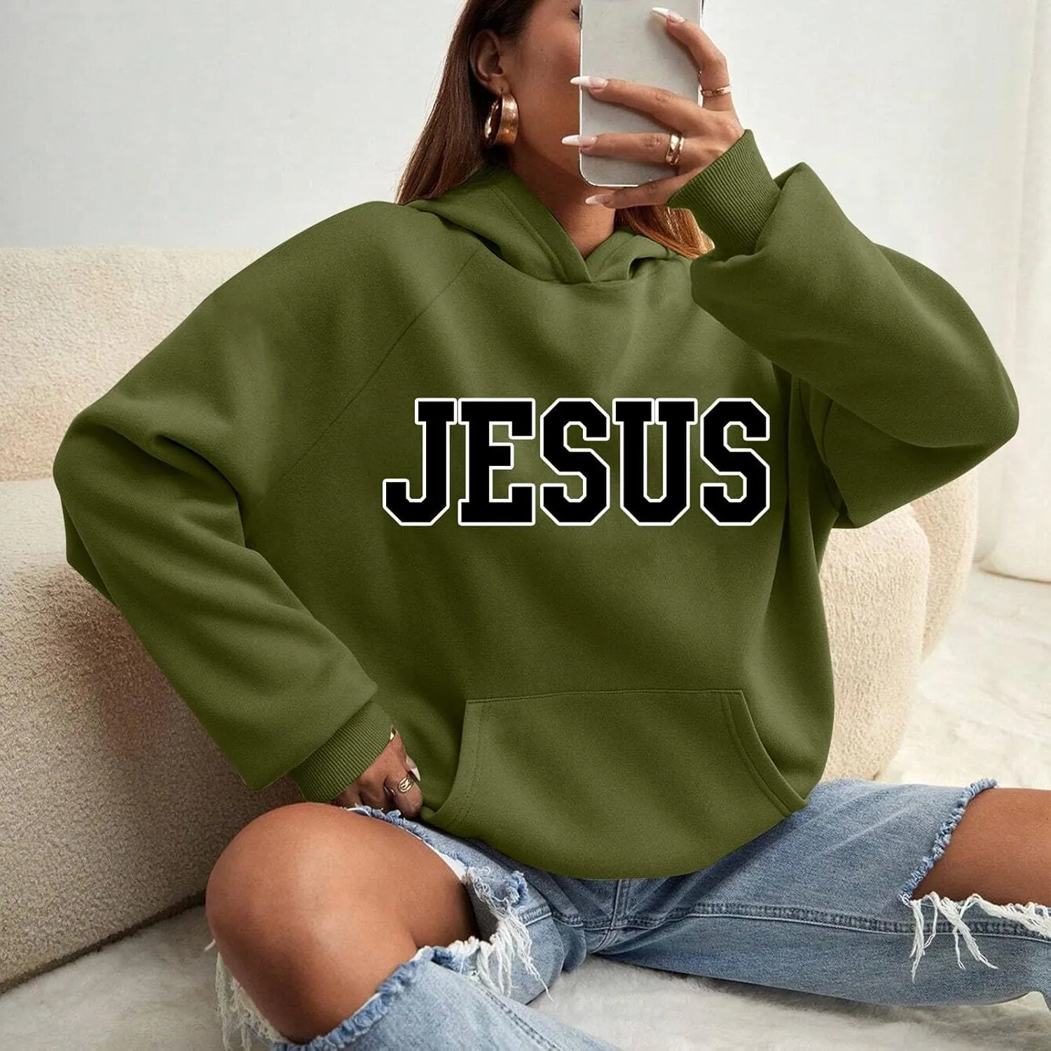 Girls' Fashion Hoodies & Sweatshirts Jesus Letter Print Fall Fleece Winter Outfit with Pocket Long Sleeve Oversize Pullover