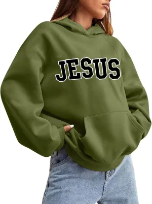 Girls' Fashion Hoodies & Sweatshirts Jesus Letter Print Fall Fleece Winter Outfit with Pocket Long Sleeve Oversize Pullover
