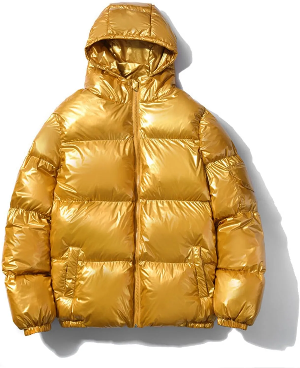 Glossy Puffer Jacket Men Hooded Down Jacket Zip up Quilted Jacket Warm Padded Jacket Insulated Winter Coat with Pockets