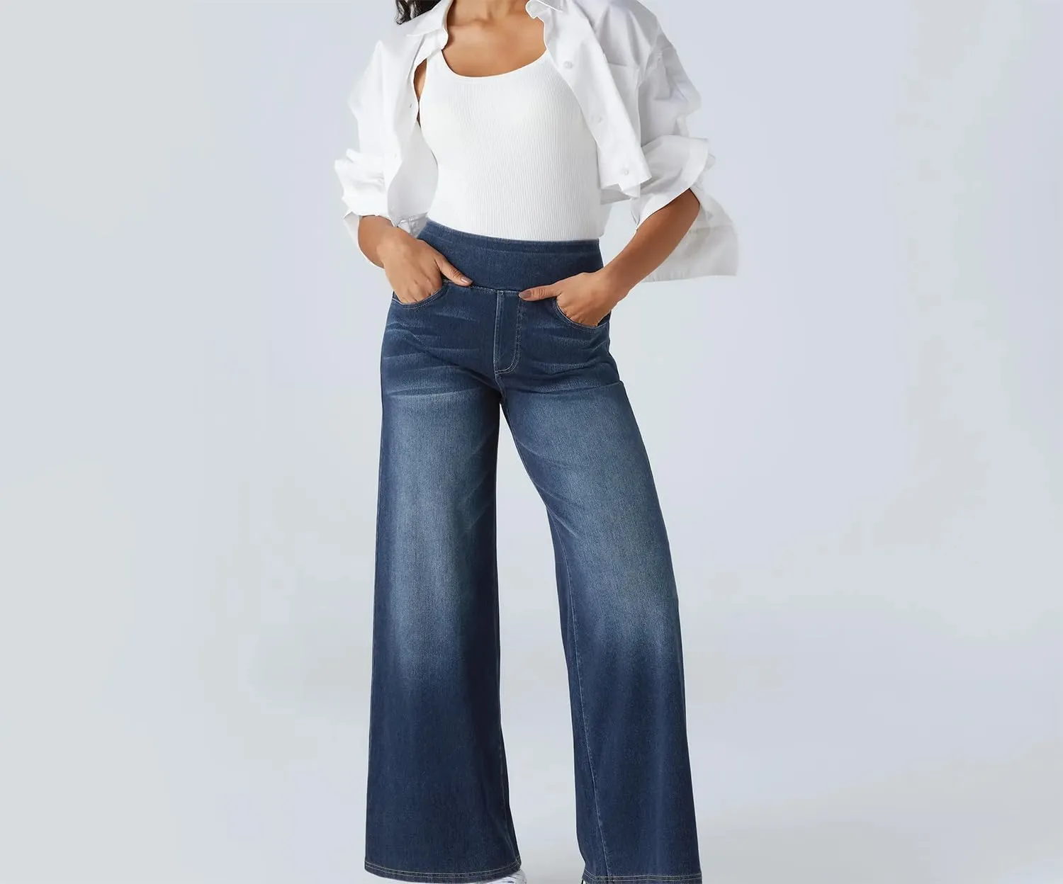 Grevela Pull Up Jeans, Grevela Stretch Jeans, Women's Wide Leg Pants, High Waisted Stretch Pull-on Baggy Denim Pants