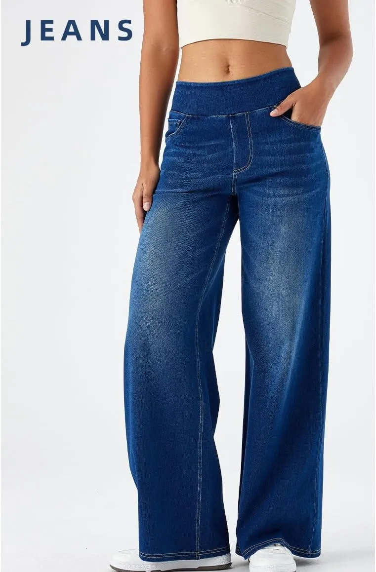 Grevela Pull Up Jeans, Grevela Stretch Jeans, Women's Wide Leg Pants, High Waisted Stretch Pull-on Baggy Denim Pants